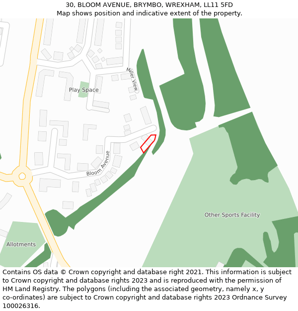 30, BLOOM AVENUE, BRYMBO, WREXHAM, LL11 5FD: Location map and indicative extent of plot