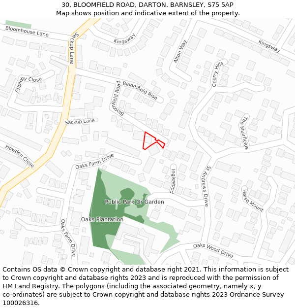 30, BLOOMFIELD ROAD, DARTON, BARNSLEY, S75 5AP: Location map and indicative extent of plot