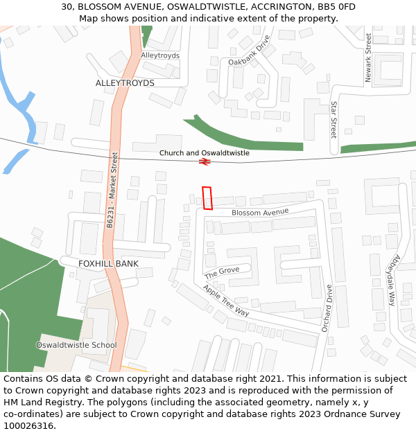 30, BLOSSOM AVENUE, OSWALDTWISTLE, ACCRINGTON, BB5 0FD: Location map and indicative extent of plot