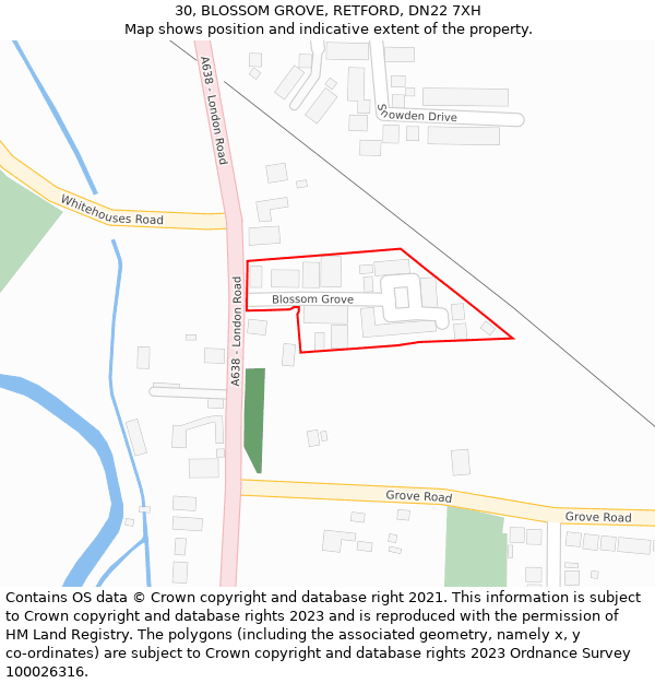30, BLOSSOM GROVE, RETFORD, DN22 7XH: Location map and indicative extent of plot