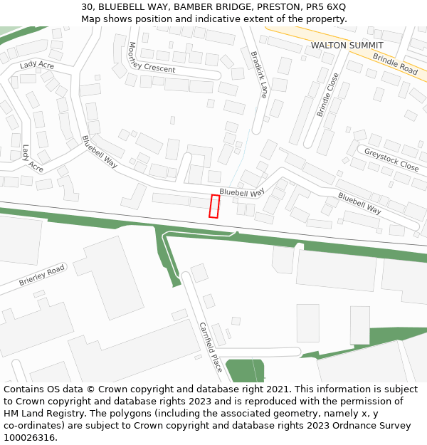 30, BLUEBELL WAY, BAMBER BRIDGE, PRESTON, PR5 6XQ: Location map and indicative extent of plot