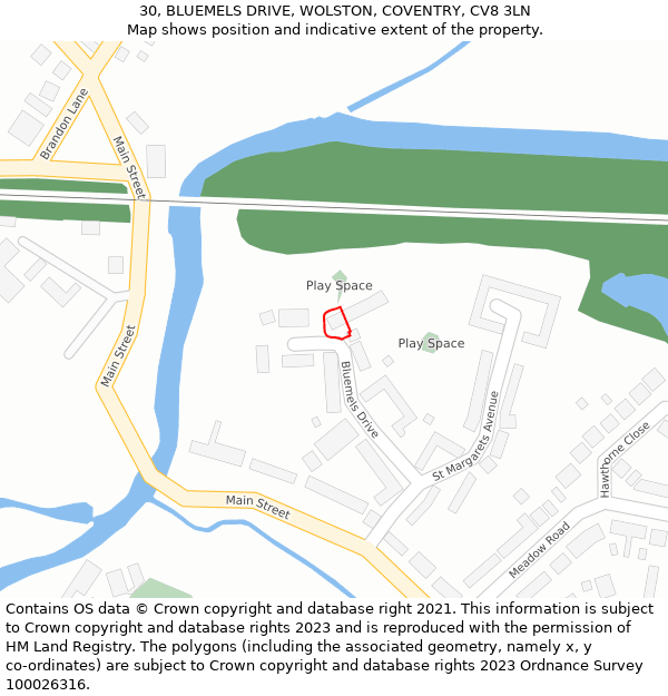 30, BLUEMELS DRIVE, WOLSTON, COVENTRY, CV8 3LN: Location map and indicative extent of plot