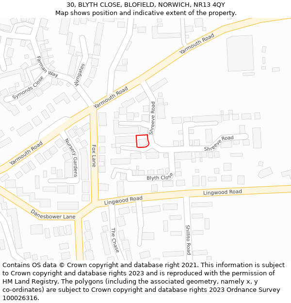 30, BLYTH CLOSE, BLOFIELD, NORWICH, NR13 4QY: Location map and indicative extent of plot