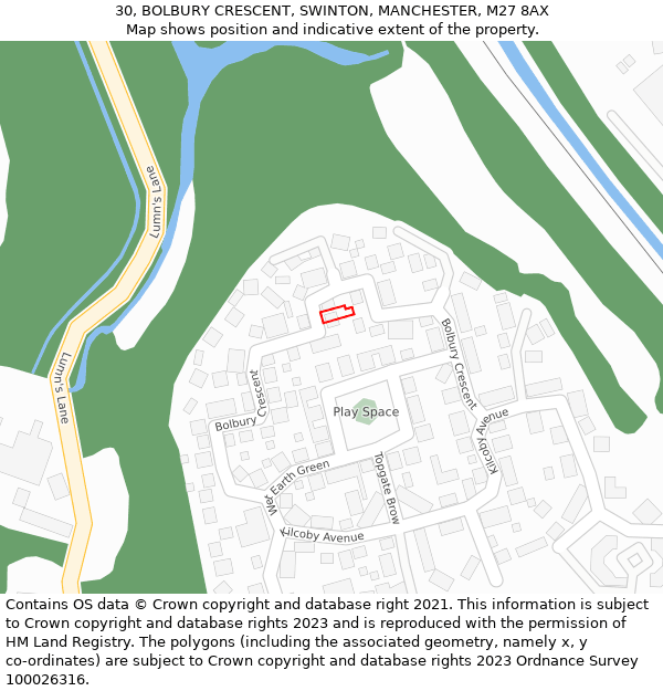 30, BOLBURY CRESCENT, SWINTON, MANCHESTER, M27 8AX: Location map and indicative extent of plot