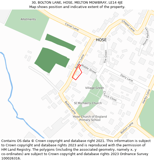 30, BOLTON LANE, HOSE, MELTON MOWBRAY, LE14 4JE: Location map and indicative extent of plot