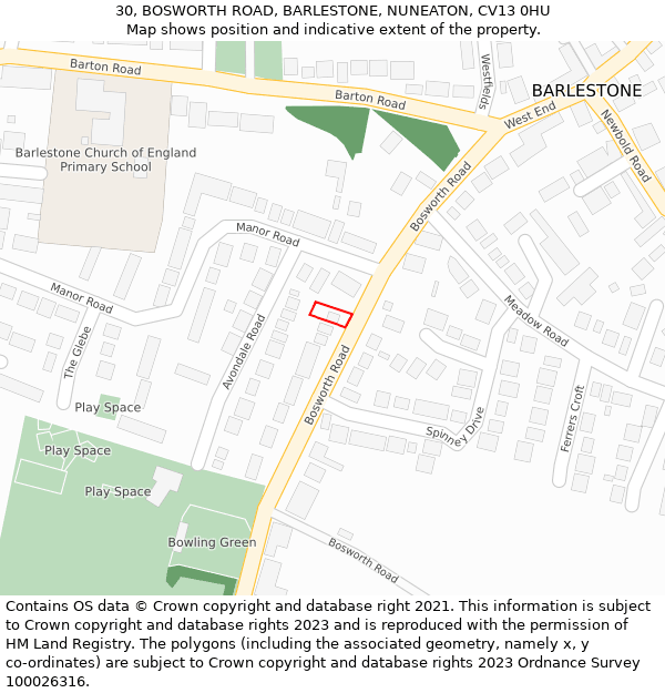 30, BOSWORTH ROAD, BARLESTONE, NUNEATON, CV13 0HU: Location map and indicative extent of plot