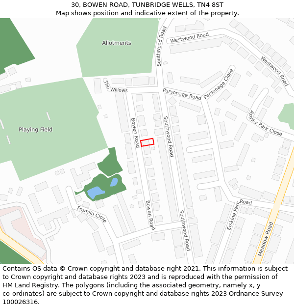 30, BOWEN ROAD, TUNBRIDGE WELLS, TN4 8ST: Location map and indicative extent of plot