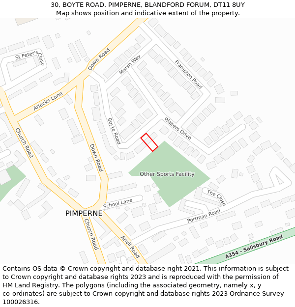 30, BOYTE ROAD, PIMPERNE, BLANDFORD FORUM, DT11 8UY: Location map and indicative extent of plot