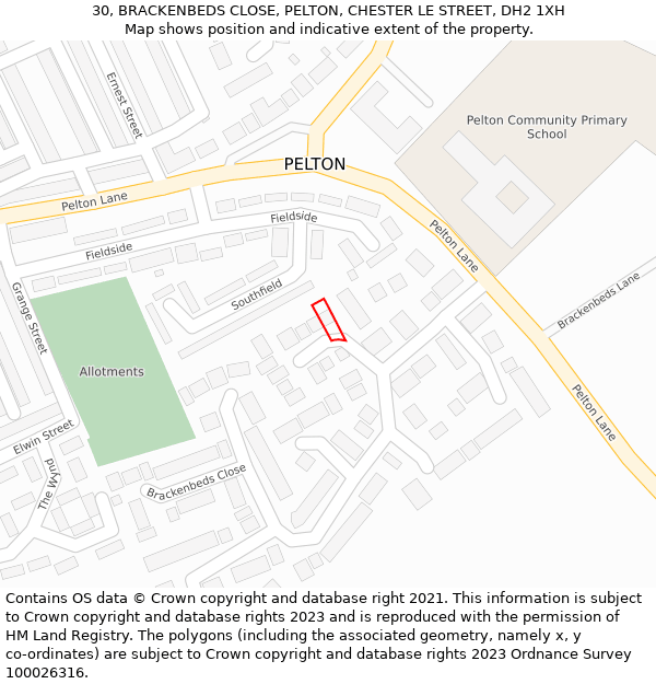 30, BRACKENBEDS CLOSE, PELTON, CHESTER LE STREET, DH2 1XH: Location map and indicative extent of plot