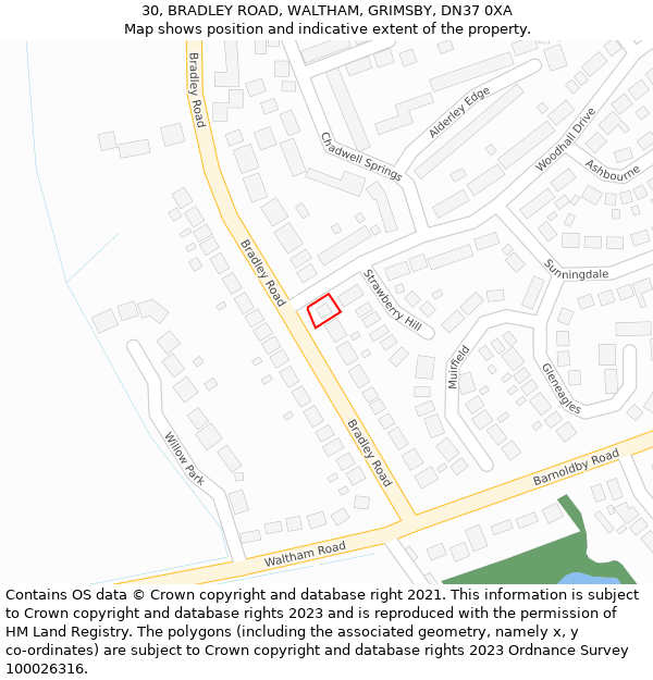 30, BRADLEY ROAD, WALTHAM, GRIMSBY, DN37 0XA: Location map and indicative extent of plot