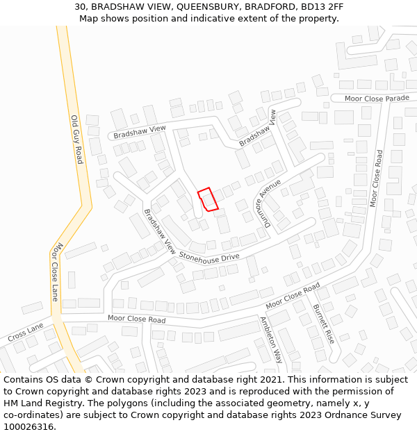 30, BRADSHAW VIEW, QUEENSBURY, BRADFORD, BD13 2FF: Location map and indicative extent of plot