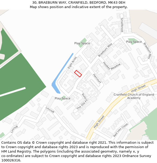 30, BRAEBURN WAY, CRANFIELD, BEDFORD, MK43 0EH: Location map and indicative extent of plot