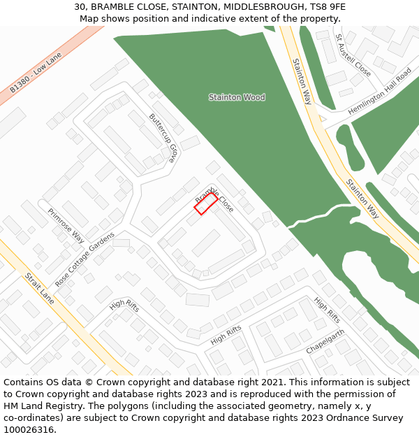 30, BRAMBLE CLOSE, STAINTON, MIDDLESBROUGH, TS8 9FE: Location map and indicative extent of plot