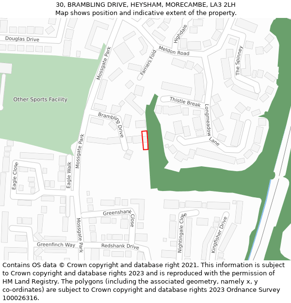 30, BRAMBLING DRIVE, HEYSHAM, MORECAMBE, LA3 2LH: Location map and indicative extent of plot