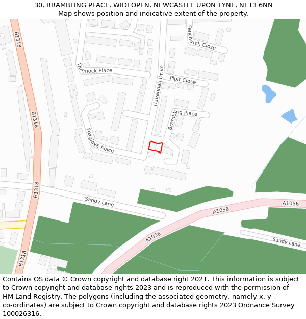 30, BRAMBLING PLACE, WIDEOPEN, NEWCASTLE UPON TYNE, NE13 6NN: Location map and indicative extent of plot