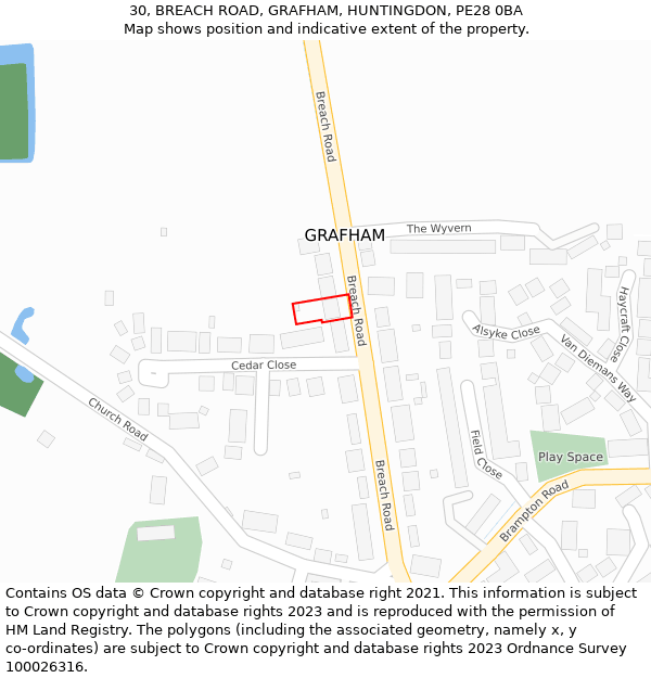 30, BREACH ROAD, GRAFHAM, HUNTINGDON, PE28 0BA: Location map and indicative extent of plot