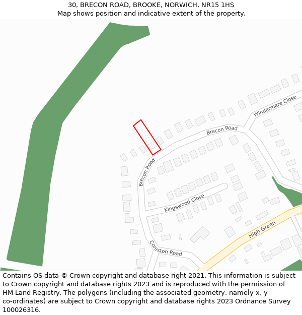 30, BRECON ROAD, BROOKE, NORWICH, NR15 1HS: Location map and indicative extent of plot