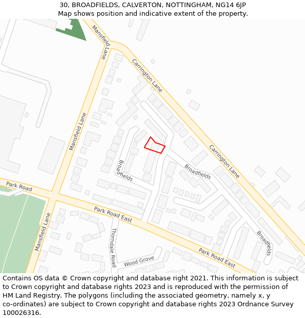 30, BROADFIELDS, CALVERTON, NOTTINGHAM, NG14 6JP: Location map and indicative extent of plot