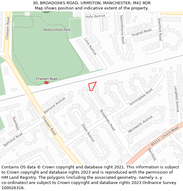 30, BROADOAKS ROAD, URMSTON, MANCHESTER, M41 9DR: Location map and indicative extent of plot