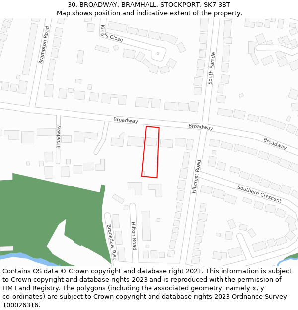 30, BROADWAY, BRAMHALL, STOCKPORT, SK7 3BT: Location map and indicative extent of plot