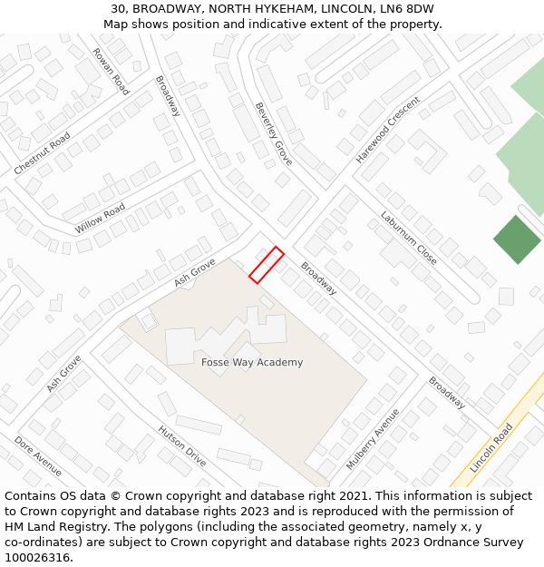 30, BROADWAY, NORTH HYKEHAM, LINCOLN, LN6 8DW: Location map and indicative extent of plot