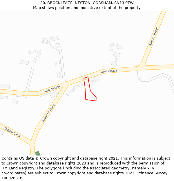 30, BROCKLEAZE, NESTON, CORSHAM, SN13 9TW: Location map and indicative extent of plot