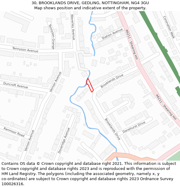 30, BROOKLANDS DRIVE, GEDLING, NOTTINGHAM, NG4 3GU: Location map and indicative extent of plot