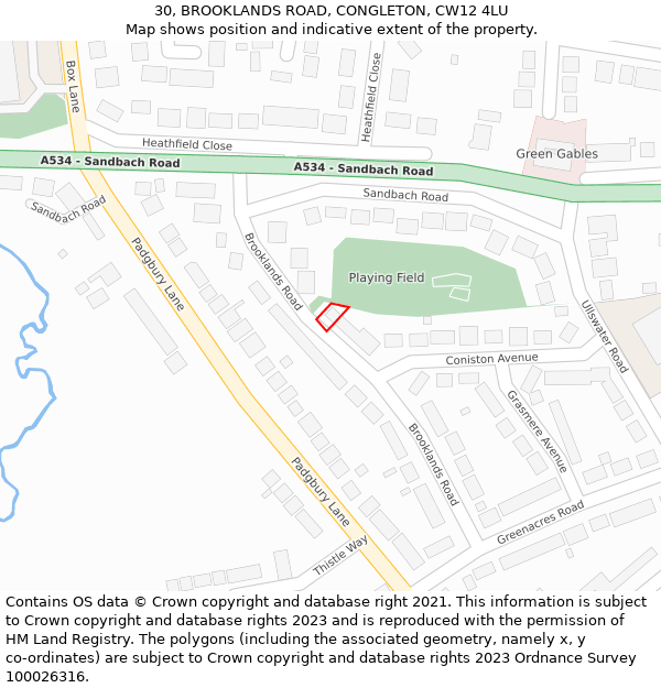 30, BROOKLANDS ROAD, CONGLETON, CW12 4LU: Location map and indicative extent of plot