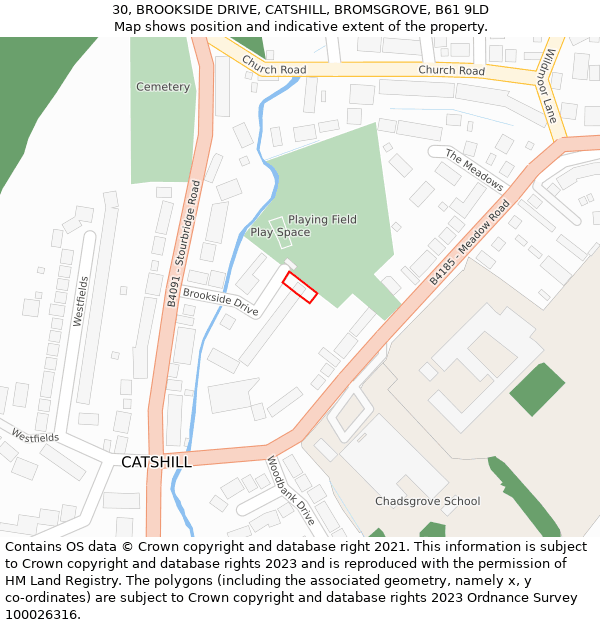 30, BROOKSIDE DRIVE, CATSHILL, BROMSGROVE, B61 9LD: Location map and indicative extent of plot