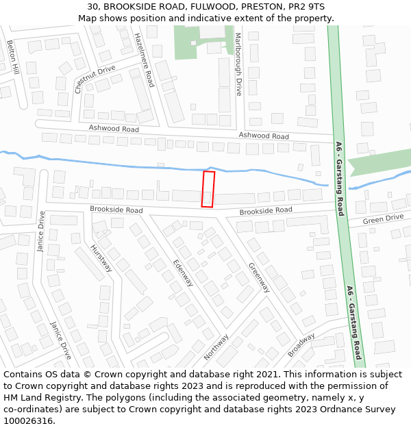 30, BROOKSIDE ROAD, FULWOOD, PRESTON, PR2 9TS: Location map and indicative extent of plot
