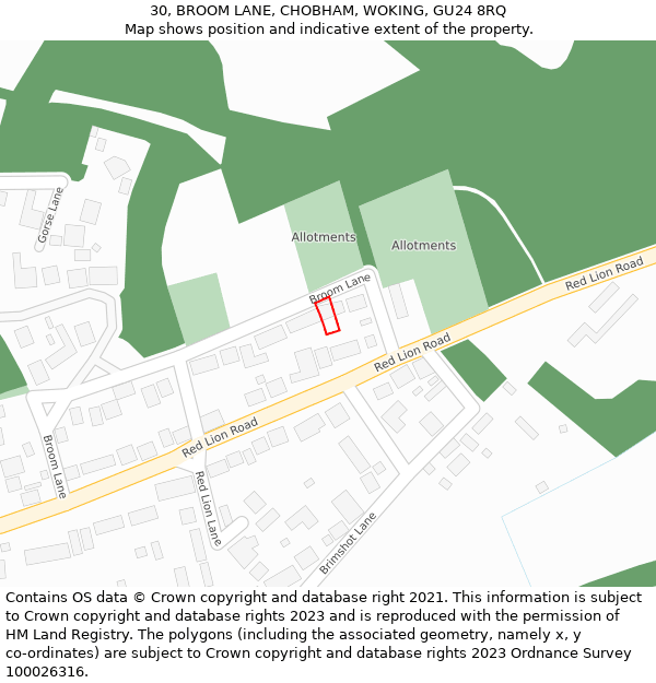 30, BROOM LANE, CHOBHAM, WOKING, GU24 8RQ: Location map and indicative extent of plot