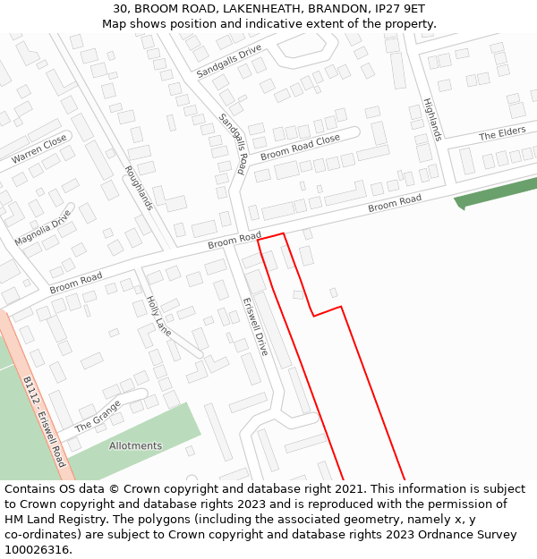 30, BROOM ROAD, LAKENHEATH, BRANDON, IP27 9ET: Location map and indicative extent of plot