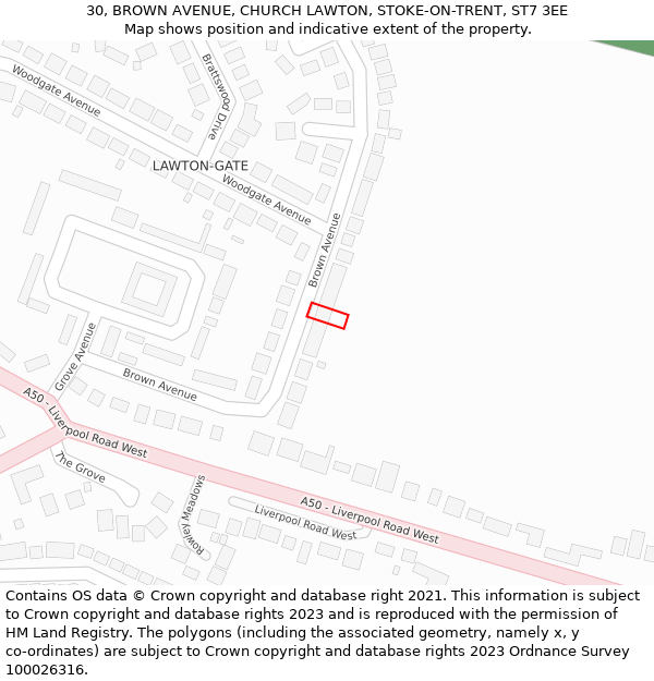 30, BROWN AVENUE, CHURCH LAWTON, STOKE-ON-TRENT, ST7 3EE: Location map and indicative extent of plot
