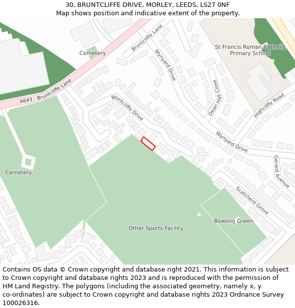 30, BRUNTCLIFFE DRIVE, MORLEY, LEEDS, LS27 0NF: Location map and indicative extent of plot