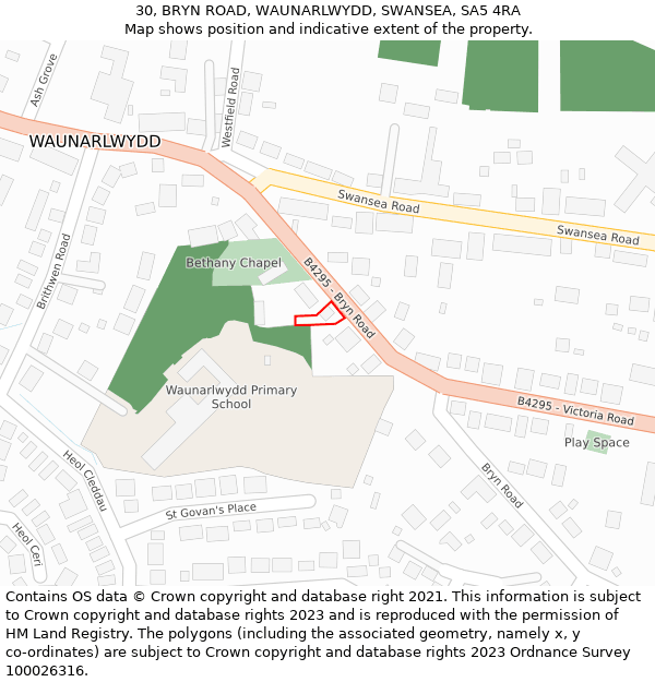 30, BRYN ROAD, WAUNARLWYDD, SWANSEA, SA5 4RA: Location map and indicative extent of plot