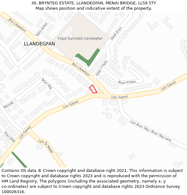 30, BRYNTEG ESTATE, LLANDEGFAN, MENAI BRIDGE, LL59 5TY: Location map and indicative extent of plot