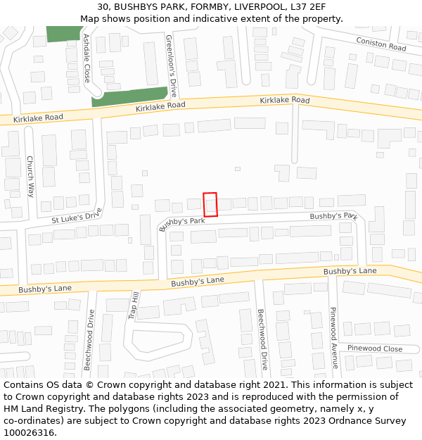 30, BUSHBYS PARK, FORMBY, LIVERPOOL, L37 2EF: Location map and indicative extent of plot