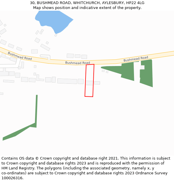 30, BUSHMEAD ROAD, WHITCHURCH, AYLESBURY, HP22 4LG: Location map and indicative extent of plot