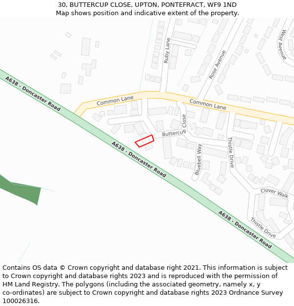 30, BUTTERCUP CLOSE, UPTON, PONTEFRACT, WF9 1ND: Location map and indicative extent of plot