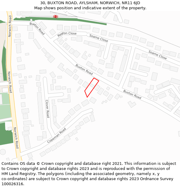 30, BUXTON ROAD, AYLSHAM, NORWICH, NR11 6JD: Location map and indicative extent of plot