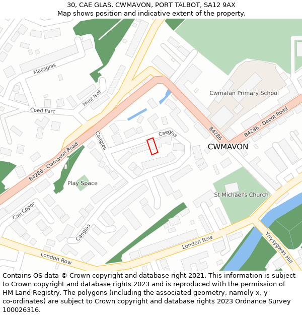 30, CAE GLAS, CWMAVON, PORT TALBOT, SA12 9AX: Location map and indicative extent of plot