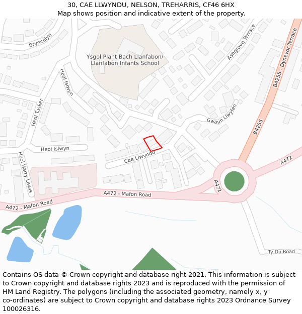 30, CAE LLWYNDU, NELSON, TREHARRIS, CF46 6HX: Location map and indicative extent of plot