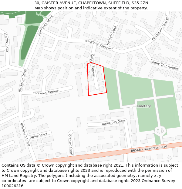 30, CAISTER AVENUE, CHAPELTOWN, SHEFFIELD, S35 2ZN: Location map and indicative extent of plot
