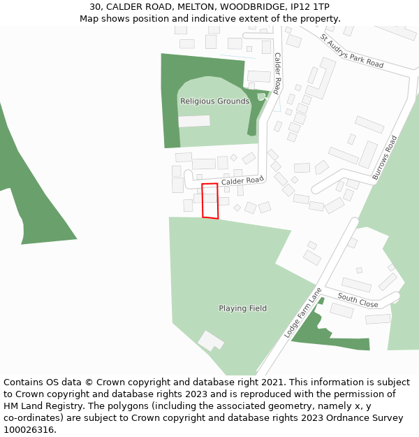 30, CALDER ROAD, MELTON, WOODBRIDGE, IP12 1TP: Location map and indicative extent of plot