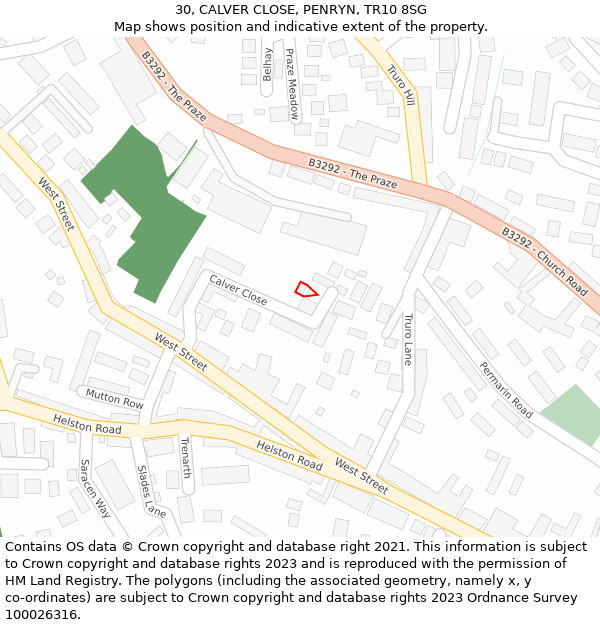 30, CALVER CLOSE, PENRYN, TR10 8SG: Location map and indicative extent of plot