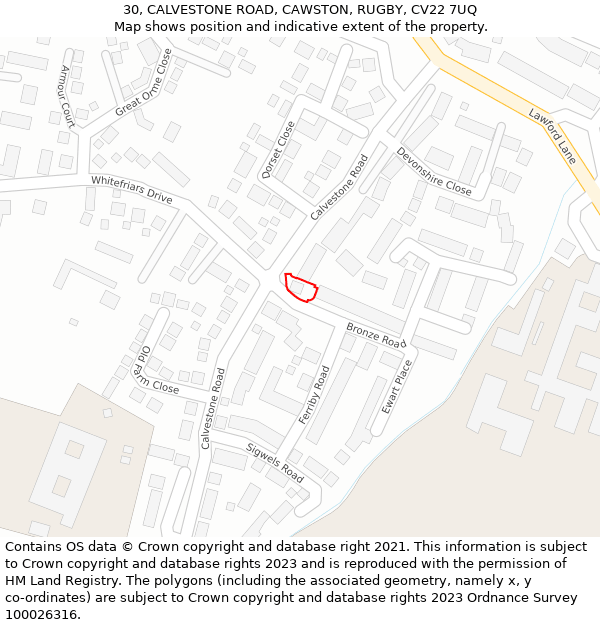 30, CALVESTONE ROAD, CAWSTON, RUGBY, CV22 7UQ: Location map and indicative extent of plot