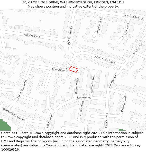30, CAMBRIDGE DRIVE, WASHINGBOROUGH, LINCOLN, LN4 1DU: Location map and indicative extent of plot