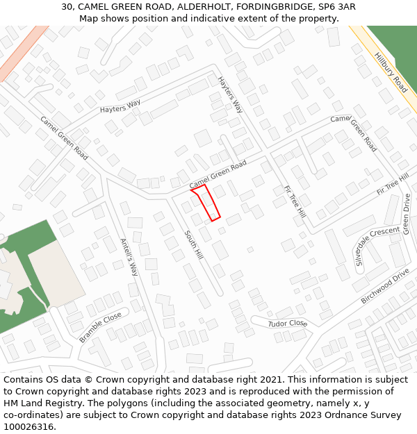 30, CAMEL GREEN ROAD, ALDERHOLT, FORDINGBRIDGE, SP6 3AR: Location map and indicative extent of plot