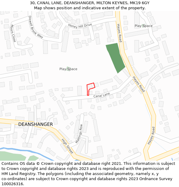 30, CANAL LANE, DEANSHANGER, MILTON KEYNES, MK19 6GY: Location map and indicative extent of plot