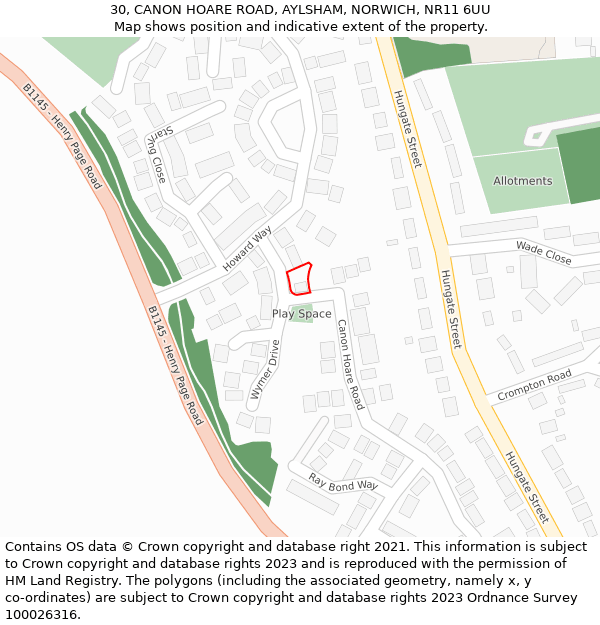 30, CANON HOARE ROAD, AYLSHAM, NORWICH, NR11 6UU: Location map and indicative extent of plot